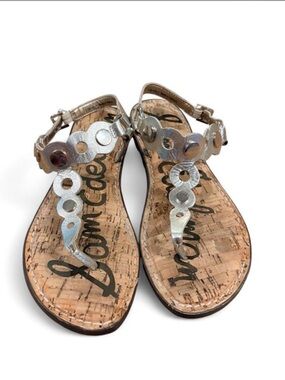 Sam Edelman Gilly Sandals Womens 6.5 Silver Metallic Leather Cork Flat Sandals